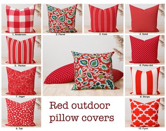Fundas de almohada rojas para exteriores, almohada decorativa geométrica con diseño floral de lunares y rayas rojo intenso
