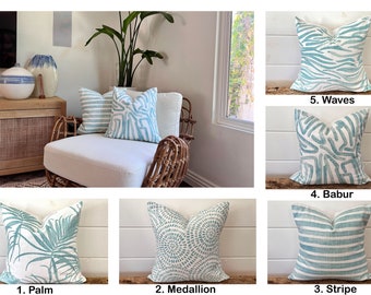 One Aqua blue and white pillow cover, Light blue tropical pillow, Premier prints cancun pillow, Blue stripe palm medallion safari
