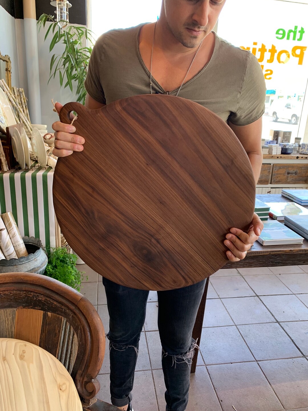 Large Handcrafted Wood Cutting Board, Round Walnut Wood Cutting Board, Baguette Bread Board