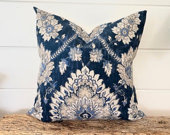 Waverly pillow cover, Navy Pillow, Dark blue Floral decorative throw pillow, Indigo Medallion accent pillow