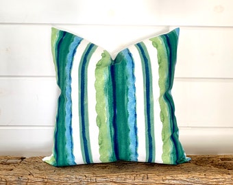 One Stripe Outdoor pillow covers, Turquoise blue green Outdoor Pillow, Indigo Blue decorative throw pillow, decorative pillow