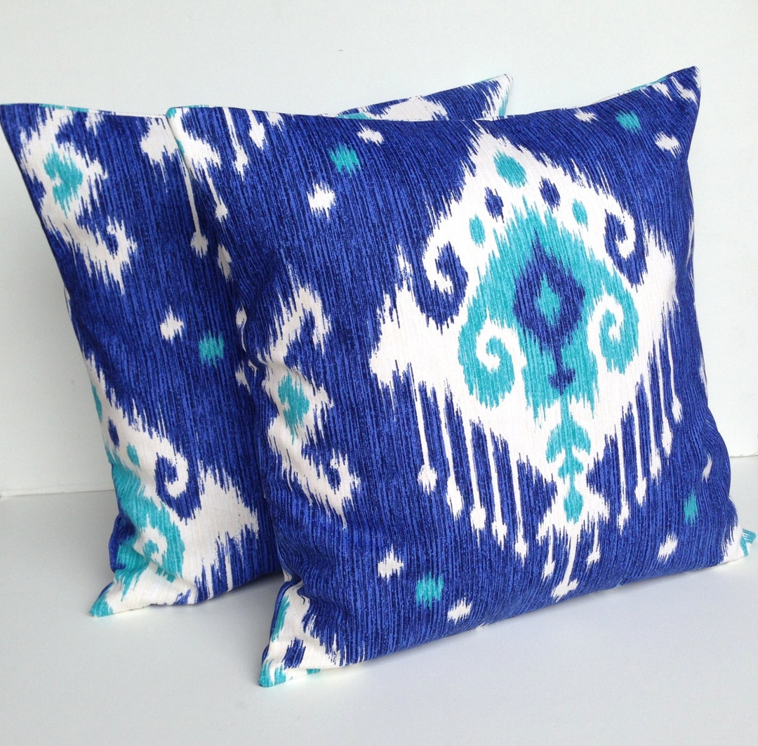 Two Blue Ikat Print Pillow Covers Cushion Decorative Throw Etsy
