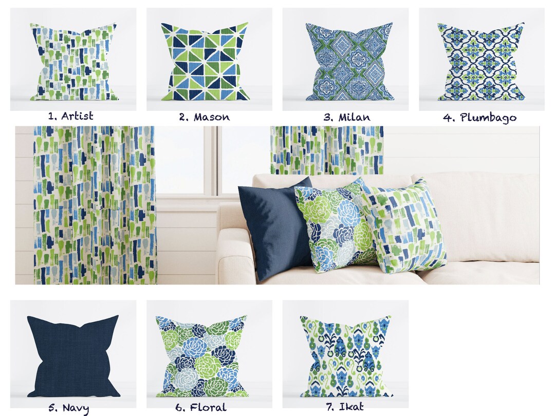 Blue and Green Pillow Covers, Navy Blue Pine Green Floral Ikat