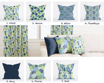 Blue and Green pillow covers, Navy Blue Pine Green Floral Ikat Geometric Artistic decorative throw pillow