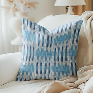 Artistry Striped pillow cover, Aqua blue navy beige linen blend geometric abstract stripe Pillow