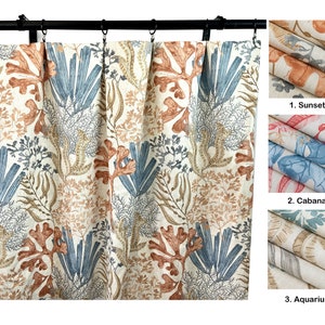 Magnolia home fashions Curtains, Coastal Coral Aquatic Blue beige Rust Tan  Beach Curtain Panels