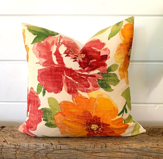 One Floral outdoor pillow cover, Pink Orange decorative throw pillow,  Tropical pillow, accent pillow, Floral pillow, Hawaiian Pillow