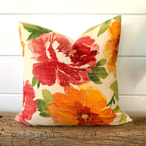 One Floral outdoor pillow cover, Pink Orange decorative throw pillow, Tropical pillow, accent pillow, Floral pillow, Hawaiian Pillow