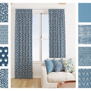 Blue Curtains, Blue Green Geometric Curtain Panels, Dark Blue Solid Ikat Damask Chevron Toile Leopard Dot curtains