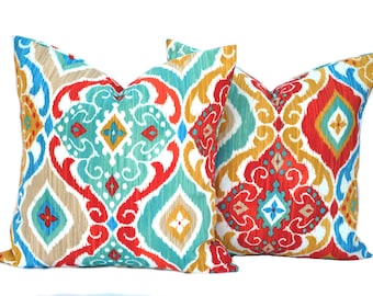 Two indoor/outdoor ikat print pillow covers, cushion, decorative throw pillow, coral pillow, Turquoise pillow