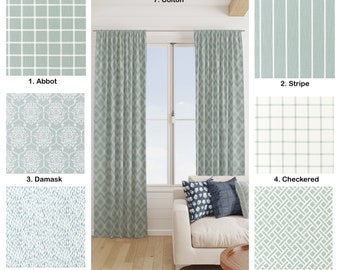 Light Sage green Curtains, Duck egg Green 2 Curtain Panels, Sage green stripe gingham Geometric Damask Geometric curtain