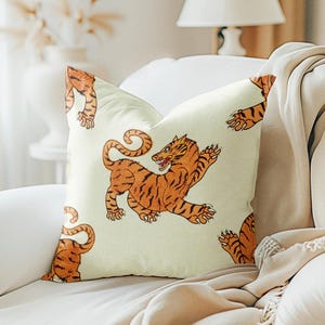 Embroidered Tandoori Orange Himalayan Tigers pillow cover, Orange beige Chinoiserie dharma tiger decorative throw pillow