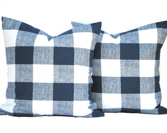 Two Blue pillow covers, decorative throw pillow, decorative pillow, accent pillow, Blue Throw Pillow, Plaid Pillow, Navy Pillow