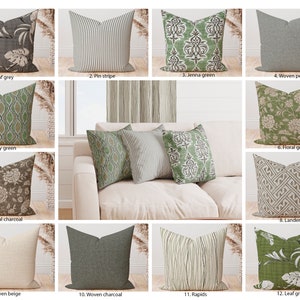Magnolia home fashions pillow covers, Charcoal Grey Moss Green Floral Pin Stripe Woven Solid Damask Geometric decorative throw pillow