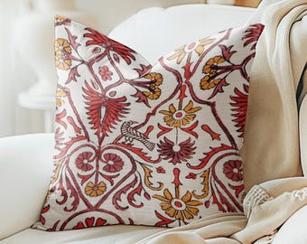 Artistry floral pillow cover, Dark red mustard yellow linen blend tapestry Medallion Pillow
