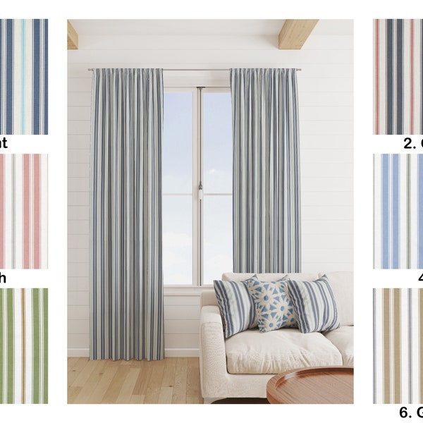 Magnolia Home Striped Curtains, Navy Blue Green Blush Pink Tan Grey Red Charcoal Stripe Curtains, 2 Curtain Panels