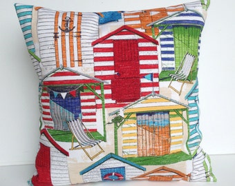 One indoor/outdoor beach huts print pillow covers, cushion, decorative throw pillow, coral pillow, 20x20, nautical pillow