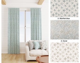 Scott Living Coastal light blue and white Curtains, Beach home light teal tan starfish coral Stripe aquatic curtains, Luxe Linen curtains