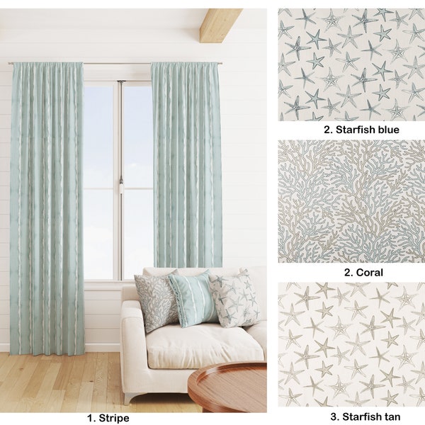 Scott Living Coastal light blue and white Curtains, Beach home light teal tan starfish coral Stripe aquatic curtains, Luxe Linen curtains