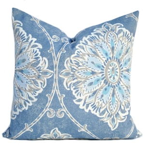 One Floral pillow cover,  Home decor, decorative pillow, throw pillow, Medallion pillow, Blue Grey pillow, Tan Pillow, Turquoise pillow