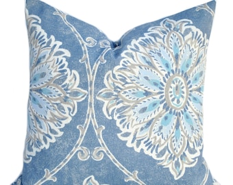 One Floral pillow cover,  Home decor, decorative pillow, throw pillow, Medallion pillow, Blue Grey pillow, Tan Pillow, Turquoise pillow