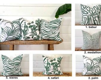 One Sea green and white pillow cover, Green tropical pillow, Premier prints cancun pillow, Dark green stripe palm medallion safari