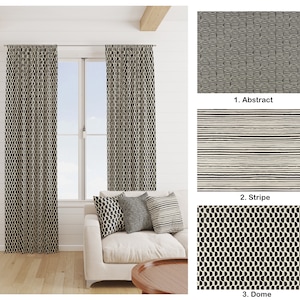 May include: Two black and white patterned curtains hang on a window, with a white sofa and pillows in front. The curtains have a repeating geometric design. Three fabric swatches show abstract, stripe, and dome patterns.