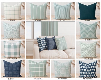Light Sage green and Navy blue Pillow covers , Duck egg Sage green checkered geometric Dot Damask Stripe Throw pillow