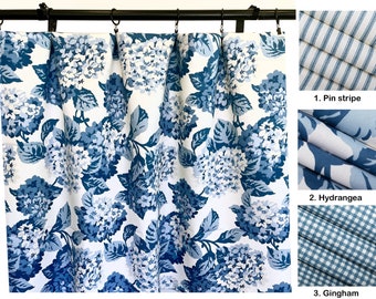 Magnolia home fashions Curtains, Blue and white Hydrangea floral  Pin stripe Gingham Checkered Curtain Panels