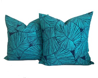 Two Tropical Outdoor pillow covers, Turquoise blue Navy Outdoor Pillow, Indigo Blue decorative throw pillow, decorative pillow
