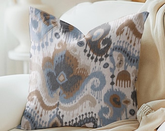 Magnolia Abstract Paisley pillow cover, Beige Brown Tan grey blue Paisley ikat damask decorative throw pillow