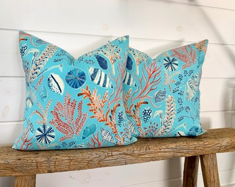Two Turquoise Aquatic Outdoor Pillow Covers, Turquoise Blue Green