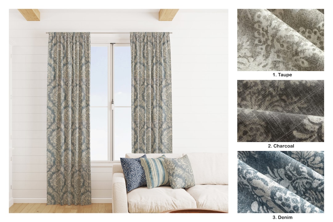 Magnolia Home Blue Medallion Curtains, Floral Curtain, Blue Tan