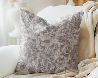 Indisches Block print floral Silbergrau dekoratives Kissen, grau und beige geblümtes Kissen
