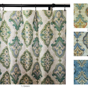 Magnolia Home Damask Curtains, Bay green Delft blue Tuscan Orange Taupe curtains, Tapestry curtains, Ikat curtains, Moroccan print curtains
