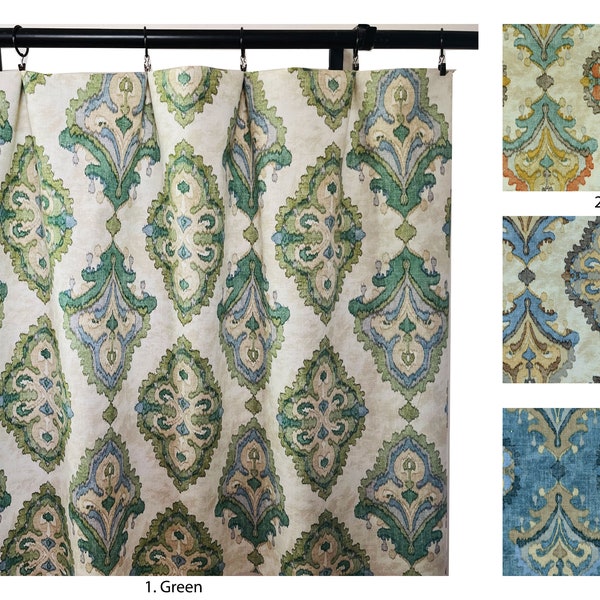 Magnolia Home Damask Curtains, Bay green Delft blue Tuscan Orange Taupe curtains, Tapestry curtains, Ikat curtains, Moroccan print curtains