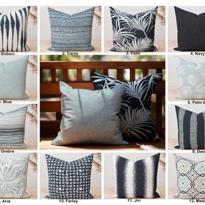 Dark Navy and weathered blue Outdoor pillow covers, Passport Navy Blue Shibori Tie dye Floral Stripe Geometric Artistic decorative pillow