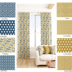 Mustard yellow and Dark blue Curtains, Yellow and Blue Geometric Ikat Damask Chevron Toile Leopard Dot curtains
