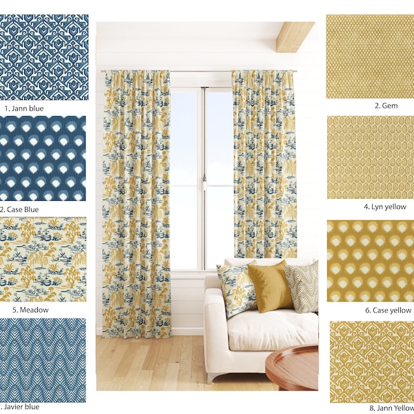 Mustard yellow and Dark blue Curtains, Yellow and Blue Geometric Ikat Damask Chevron Toile Leopard Dot curtains