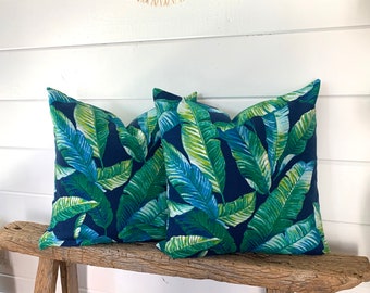 Two outdoor pillow covers, cushion, decorative throw pillow, Tropical pillow, accent pillow, Navy blue green pillow