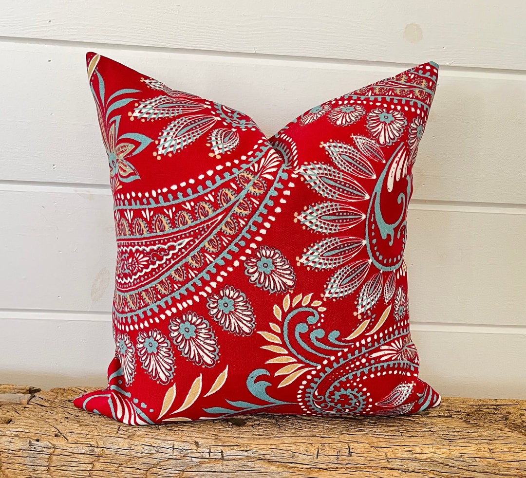 One Red Paisley Pillow Cover, Red Outdoor Pillow, Paisley Print Pillow