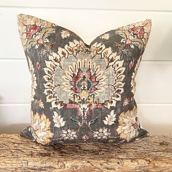 Waverly pillow cover, Dark grey Taupe Pillow, Grey Floral decorative throw pillow, Grey Medallion accent pillow