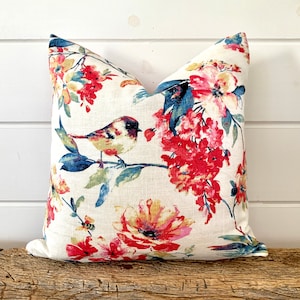 One Covington Pillow, Floral Bird Pillow Cover Decorative Home Decor, Blue Fuchsia floral linen pillow