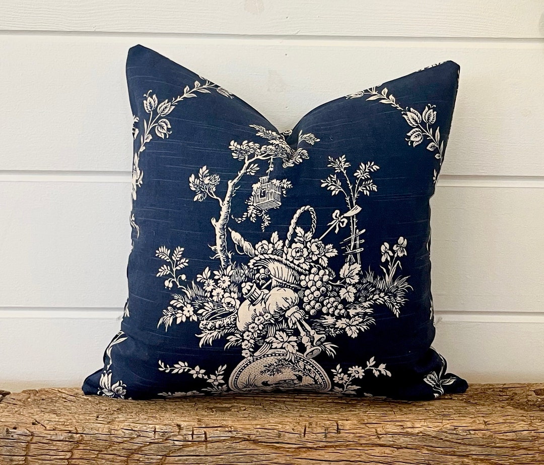 Navy Toile Pillow Cover Dark Blue Pillow Blue Floral Etsy