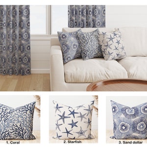 Scott living luxe linen Coastal pillow cover,  Beach Navy Shibori Blue Coral Shells Starfish Sand dollar aquatic accent pillow