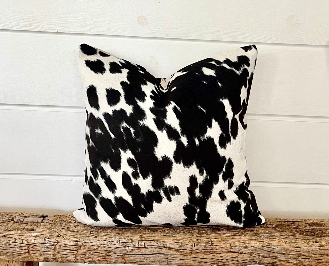 Black Velvet Cow Print Pillow Cover, Brown Cow Hide Cushion, Black Cow