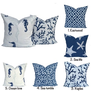 Coastal Pillow Cover Navy Blue Coral Pillow Beach Decorative pillow Coral Shells Seahorse accent pillow, Nautical Throw Pillow