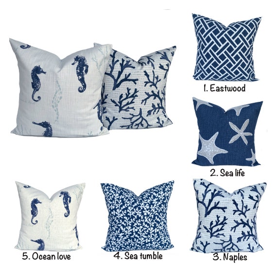 Coastal Pillow Cover Navy Blue Coral Pillow Beach Decorative Pillow Coral Shells Seahorse Accent Pillow Nautical Throw Pillow Etsy UK