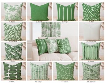 Pine Green Pillow Cover, Dark green geometric toile solid stripe polka dot abstract palm decorative pillow cover