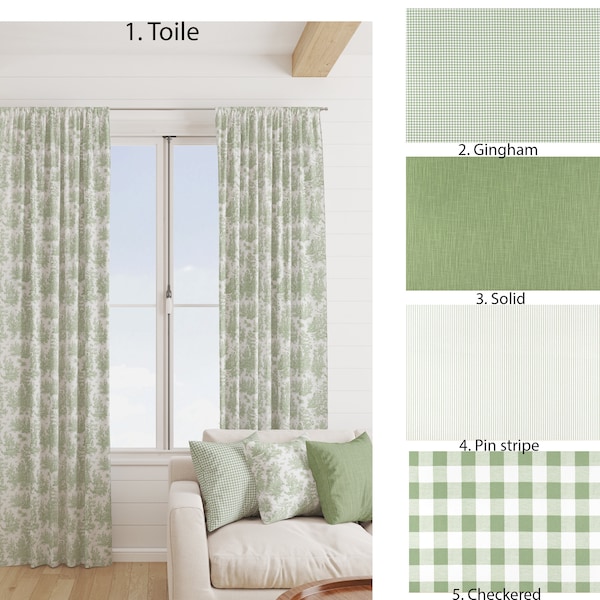 Sage green Curtains, Green Checkered Curtain,  2 Curtain Panels, Geometric Curtains, Sage green stripe gingham solid toile pastorale curtain